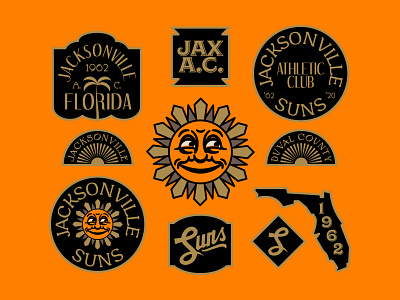 The New Jacksonville Suns 1910s art deco badges baseball black brand concept design duuuuuuval florida gold jacksonville logo orange retro script silent film sports suns vintage