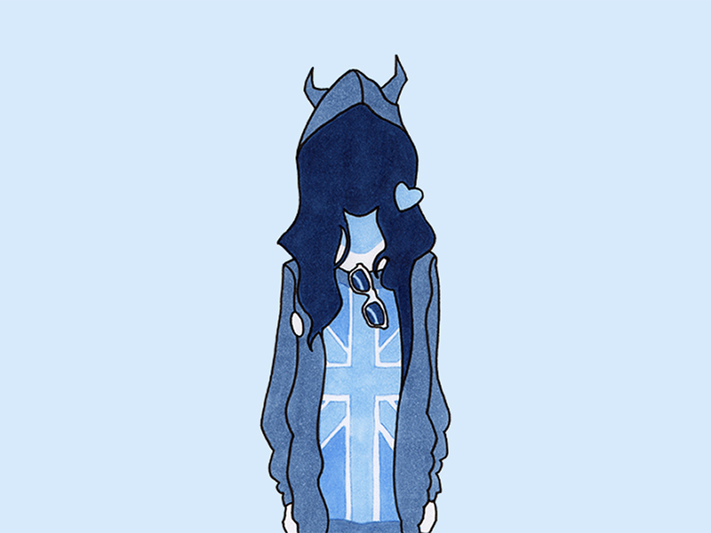 Horns japanese blue design flat copic pen marker markers ink girl fashion illustration