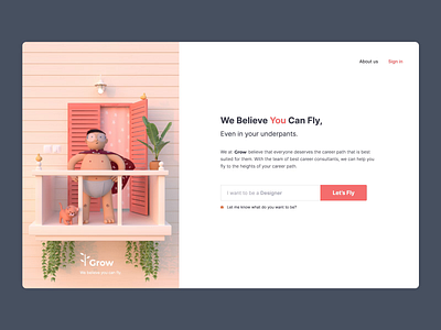 Grow - Career Consultancy - Web page 3d animation 3d art 3d cat 3d illustration cape career coach career consultancy careerbuilder character animation cinema 4d landing page marvelous designer minimal landing page octane render super hero ui design underpants web page design