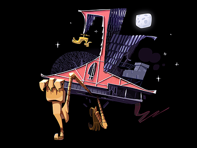 Baba Yaga's wooden hut 2d card cyrillic folk house illustration moon night poem pushkin run slavic