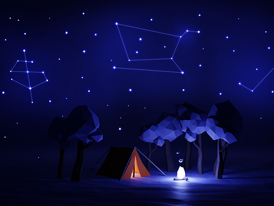 Wild Camp 3d algolia b3d blender blender3d camp campfire constellation design ecommerce illustration lowpoly night stars tent