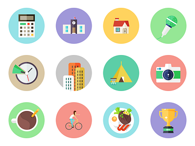 Flat Icon Set bicycle building calculator camera camping coffee flat food icon mike trophy watch