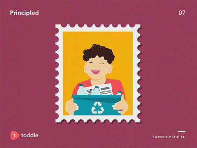 Principled boy character graphic design illustration learner profile principled recycle reuse stamp toddle