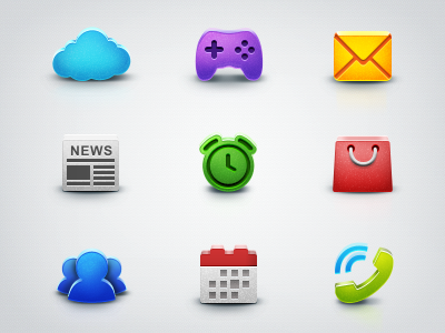 Icons for app "Everfriends" alarm bag calendar call friends game icon interface mail newspaper set shopping weather