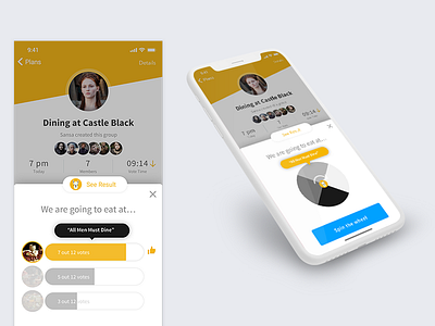 Vote for a quick food decision or Spin the wheel! for iPhoneX decision making group mobile ux vote