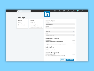 Linkedin Setting Page Concept Design, inspired by pinterest daily ui desktop linkedin setting page web app