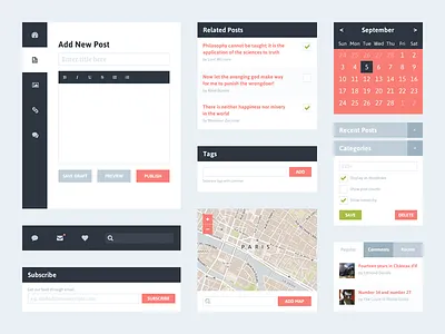 Freebie PSD: Flat UI Kit 2 (Blog) blog calendar categories clean dark blue flat flat design free freebie interface map menu minimalist nav navigation psd simple tabs ui widget