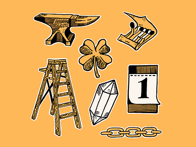 Superstition. anvil calendar chain clover editorial flash illustration ladder luck matches superstition tattoo