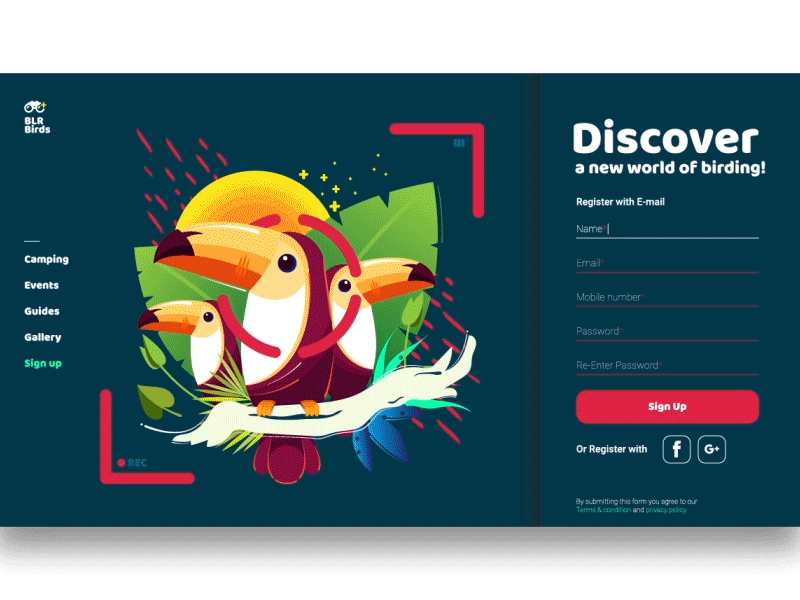 Signup Page animation birdwatching branding dailyui design illustration ui ux vector