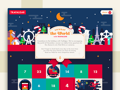Unwrap the world advent calendar christmas flat greetings icons illustration trafalgar travel webdesign website