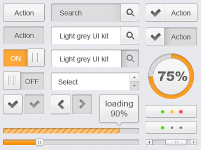 Light grey UI kit buttons design interface loading scroll bar search ui user interface web design
