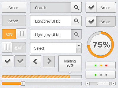 free PSD - light grey UI kit button check button checkbox free psd freebie user interface loading progress bar scrollbar search tooltip ui user interface