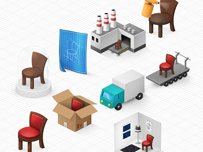 Family of icons for a furniture configurator fake3d icons