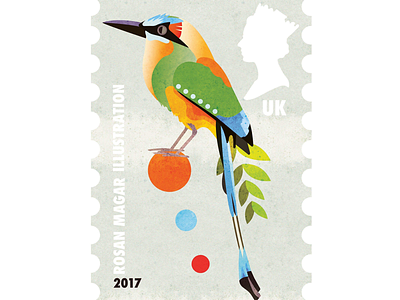 Turquoise-Browed Motmot birds illustration mexico stamps vector