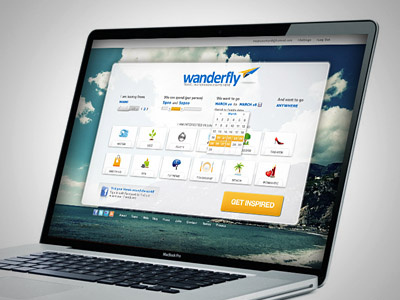 Wanderfly calender facebook gui icons. mobile design share social travel twitter user interface web design