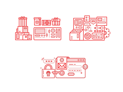 Various Gamification Illustrations (2) computer configuration gears gift icon illustration line machine mixer password prize settings