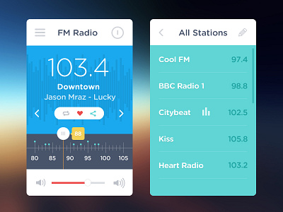 FM Radio UI color flat interface mobile music playlist radio ui web