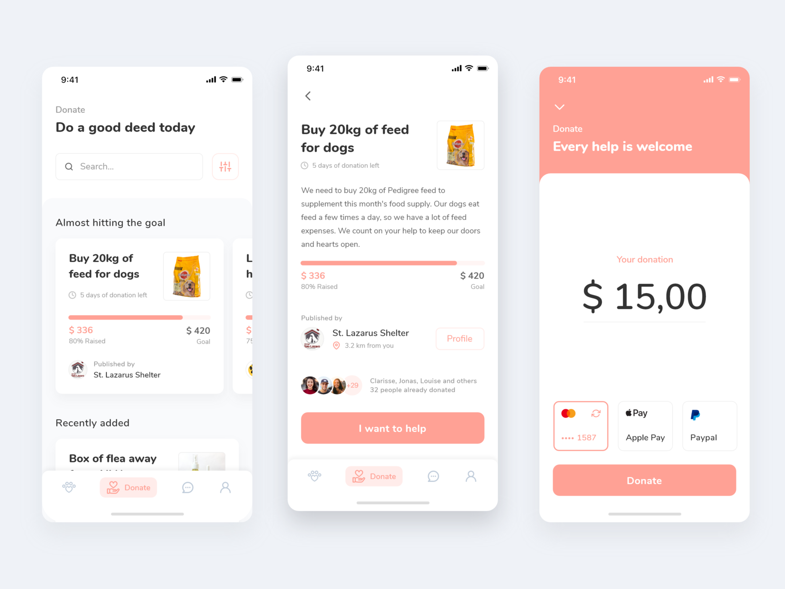 Donation feature from Pet adoption app by Marcos Oliveira on Dribbble