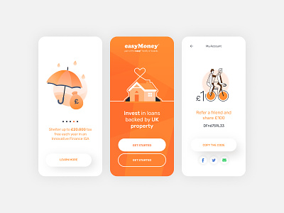 Easy Money App Screens & illustration app app illustration branding clean ui design fintech app geometic gradient illustration minimal orange product design simple design typography ui ux