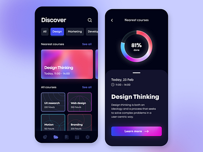 Skill Courses - Mobile App app application arounda card concept dark dashboard education figma geometry glass glow gradient graphic icons illustration indicator interface mobile ui