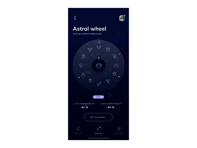 Hyperion - Astrological Meetings 💫 - Astrological Wheel animation cards design gradients interaction iphone x motion navigation romain sentenac ui ux wheel