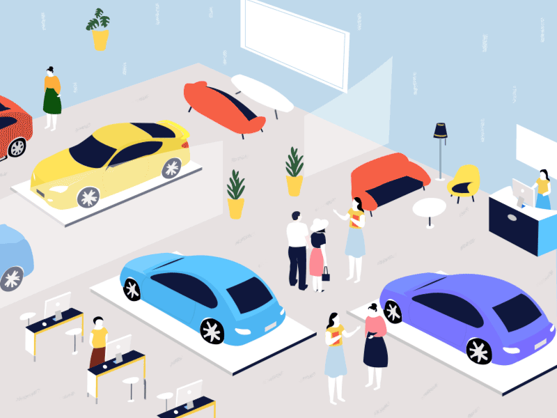 Simulated car shop and car commentary consultation flat fresh illustration lovely purchase service ui
