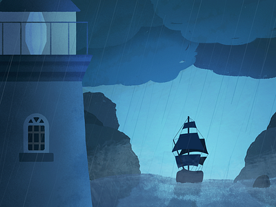 The Abandoned Lighthouse bay blue childrens illustration digital illustration digital painting illustration kids book lighthouse rain sea ship stormy