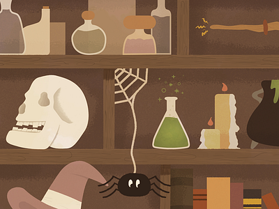 Witch's Cupboard childrens illustration cupboard halloween illustration kids illustration kids literature skull spider witch