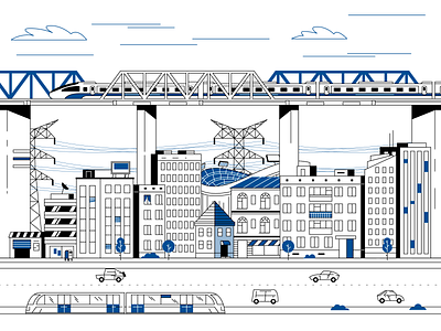 Busy City buildings city illustration infrastructure line lineart simple transport vector