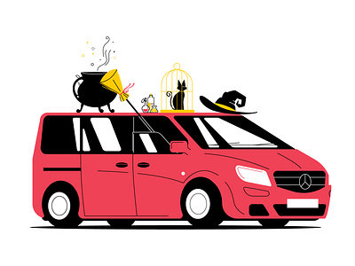 Witchcraftswissenschaft broom cage car cat cauldron hat illustration magic mercedes mercedes benz potions red simple vector witch witchcraft wizardry