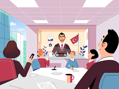 Conference Call boss business call colleagues conference illustration job meeting office open space people skype skyscraper staff turkey vector video workers zoom