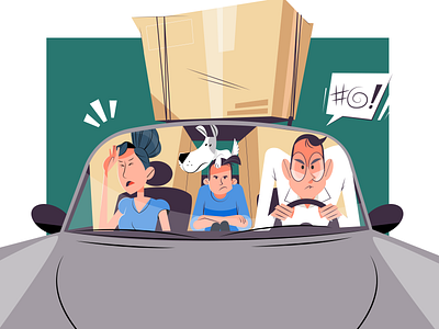 Angry Trip anger angry boxes car family illustration kid moving trip vector wife