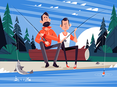 Fishing activity dad family fishing forest hobby illustration lake logs river rod son tree vector