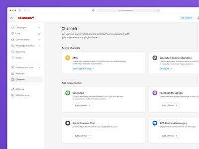 Channels channels cpaas crm dashboard design system facebook imessage marketing messenger panel product design saas sms ui ux whatsapp