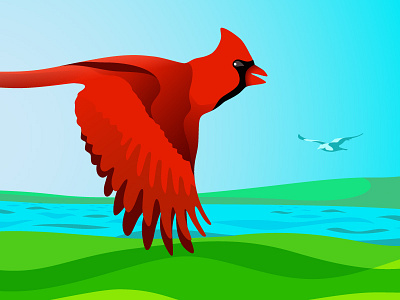 Cardinal in Flight bird cardinal gradient horizon illustration illustrator ipadpro lake landscape progress seagull wip