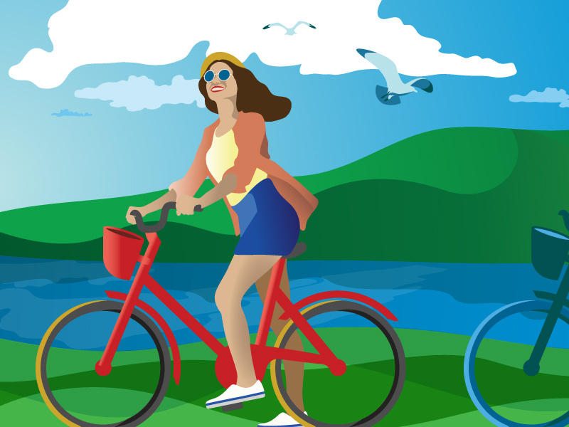 Biking in the Park happy sky sunny bicycle girl vector illustrator illustration