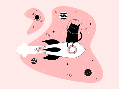 Space Cat =＾● ⋏ ●＾= black cat cute pink planets rocket space stars