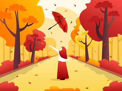 Red hooded girl and autumn dusk autumn dusk fall illustration twillight