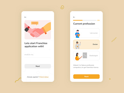 BeLab Franchise application airy app design college colorful covid doctor easy form get started healthcare illustration input interaction labor medical minimal onboarding radiologist science select