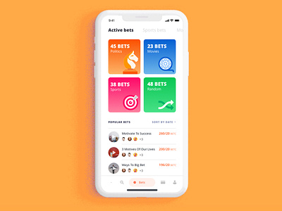 Betting App airy app app design app ui betting bitcoin bold colorful easy icons illustration interaction minimal movies navigation numbers politics sorting sports unique