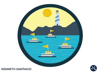 Lighthouse boat circle flat icons lighthouse ocean sail sea sun