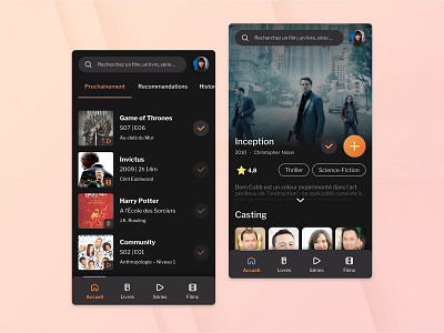 Library Manager App - 2h30 challenge add app application books check color dark mode library mobile mobile app movies orange series tv shows ui ui design
