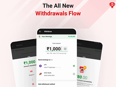 UPI Withdrawals animation dream11 fantasy sports gamingui micro interaction mobileui payments ui upi ux withdrawals