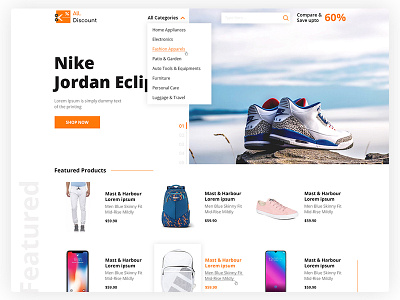 Ecommerce website landing page design dropdown menu ecommerce ecommerce design grid homepage landing page layout design orange shopping site ui ux webdesign