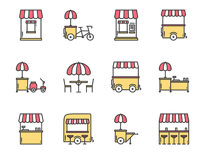 Street food retail icons business cafe cart food icon line market set shop store street vector