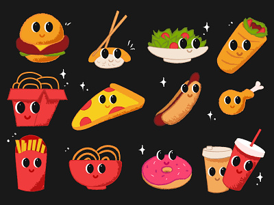 Fast food illustration cartoon character cola cute delivery doner emoji fast flat food hamburger hot dog icon mascot pizza ramen salad shawarma texture vector