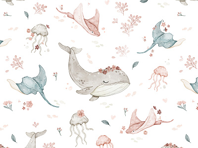 Underwater Floral children cute fabric floral girl illustration nursery pattern pattern design seamless textile whale