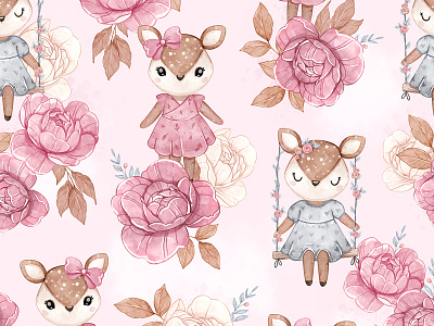 Deer Peonies - pattern design character children cute deer design fabric illustration kids nursery pattern pattern design textile