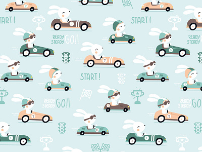 Bunny Race bunny cars cute illustration kart mint pattern race racing