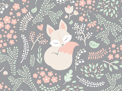 Sleeping Fox floral flowers foliage forest fox grey pastel pattern spoonflower textile